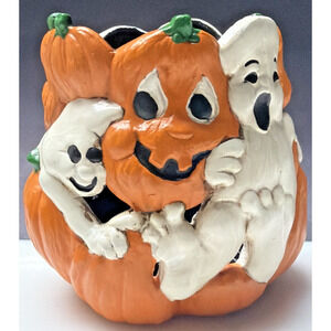 Vintage Holland Mold Halloween Ceramic Candle Holder Ghost Pumpkin Hand Painted